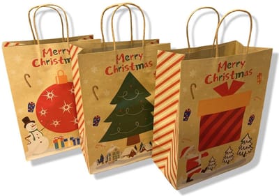 6 Luxe kerst cadeau tasjes - 27 x 21 x 11,3 cm - A4 formaat - Kado verpakkingen - 3 Dessins - Kraftpapier