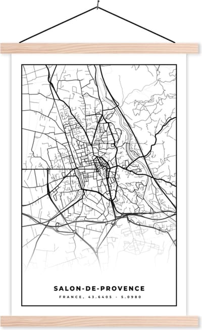 Posterhanger incl. Poster 40x60 cm - Schoolplaat - Stadskaart - Plattegrond - Kaart - Salon-de-Provence - Frankrijk - Zwart wit - Textielposter - Blanke latten - Stadskaart