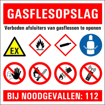 Gasflesopslag verboden te openen sticker 150 x 150 mm