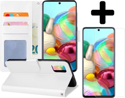 Hoesje - Met Screenprotector - Geschikt voor Samsung Galaxy A71 - Luxe Pasjeshouder - Flipcase - Bookcase Portemonee - Flip Case - Kunstleer Book Case - Book Cover - Walletcase - Portemonneehoes - Telefoonhoes - Wit