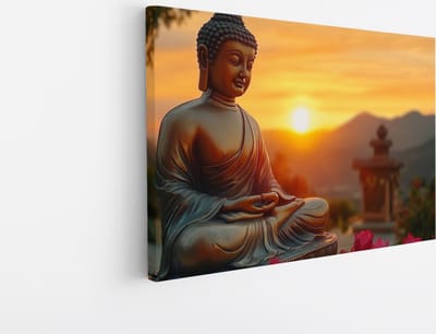Saammp Canvas Schilderij - Boeddha met bloemen en zonsondergang - 45x30 - Foto op canvas - Wanddecoratie - Muurdecoratie Woonkamer - Canvas schilderijen