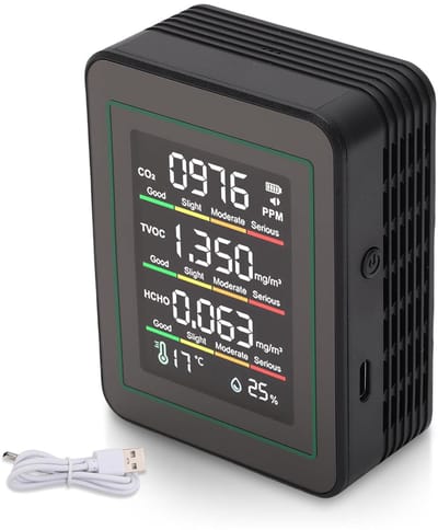 Luchtkwaliteitsmonitor - CO2-meter - Binnenklimaat Controleren - 5-in-1 Detectie - 9 x 7 x 3.5 cm - Zwart
