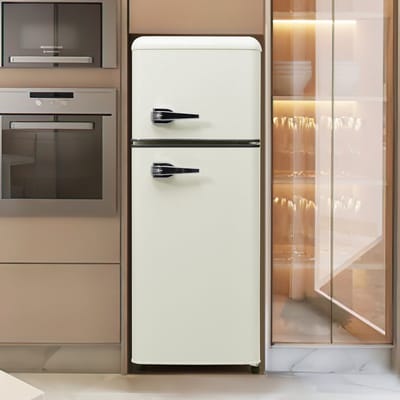 Retro-koelkast – Koel-vriescombinatie, 105,5 cm hoog, 41 cm breed, tweedeurs, 92 liter totaalvolume, 28 liter vriesvolume, deurplateaus en glasplateaus, 116 kWh/jaar, -27°C ~ 13°C, LED-verlichting.