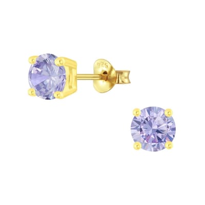 Joy|S - Zilveren 6 mm oorbellen - rond - zirkonia lila paars - gold plated