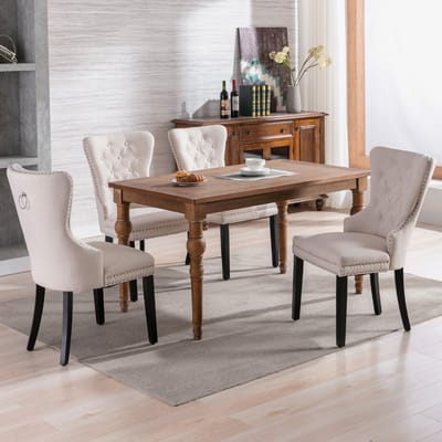 Eetkamerstoelen - Set van 4 - Eetkamerstoel met Eikenhouten Poten - Moderne Stoel - Knopen Details - Chromen Nagelkop Afwerking - Keukenstoel - Woonkamerstoel - Slaapkamerstoel - Lounge Stoel - Vrijetijdsstoel - Beige