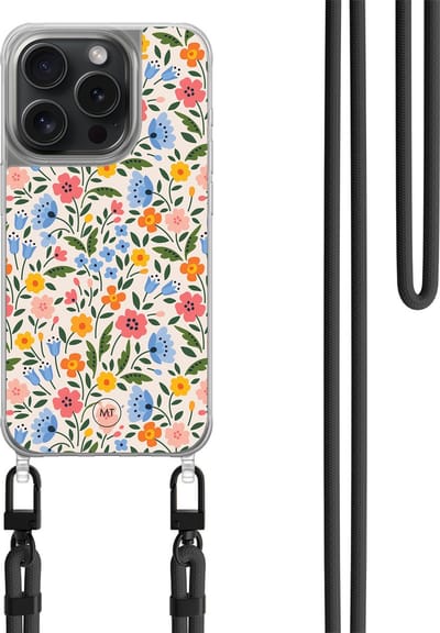 Hoesje met koord geschikt voor iPhone 13 Pro - Romantische bloemen - Inclusief zwart koord - Crossbody beschermhoes - Transparant, Multi - Mooie Telefoonhoesjes
