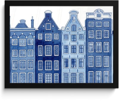 Poster in lijst - Fotolijst 40x30 cm - Posters - Aquarel - Grachtenpanden - Delfts - Blauw - Posterlijst zwart - Decoratie - Wanddecoratie woonkamer - Muurdecoratie slaapkamer