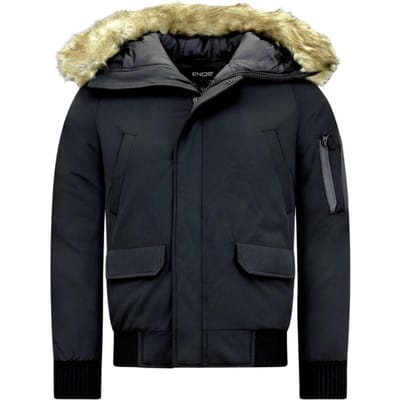 Korte Heren Winterjas - Met Faux Bontkraag - Zwart