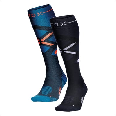 STOX Energy Socks - 2 Pack Skisokken voor Mannen - Premium Compressiesokken - Kleuren: Zeegroen/Rood en Donkerblauw/Wit - Maat: Large - 2 Paar - Voordeel