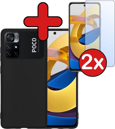 Hoesje - Met 2x Screenprotector - Geschikt voor Xiaomi Poco M4 Pro 5G - Sterk & Shockproof - Telefoon Hoes - Back Cover - Siliconen Case - Telefoonhoes - Zwart