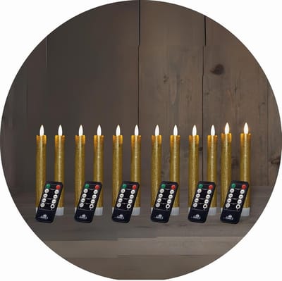 LED-kaarsen met timer GOUD 12 stuks binnen 6 uur ECHTE WAS 18 cm hoogte voor kaarsen 2,2 cm diameter 2 AAA-batterijen vereist LED-kaarsen set van 4 GOUD (drie keer) bewegende vlamlamp