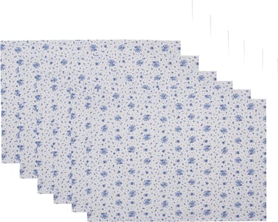 Clayre & Eef Placemats Set van 6 48x33 cm Wit Blauw Katoen Roosjes