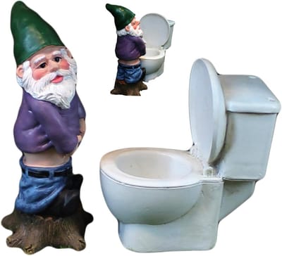 Tuinkabouters met toilet - Kabouter decoratie - Tuin aankleden - Grappige humoristische draai - 12 x 12 x 5 cm
