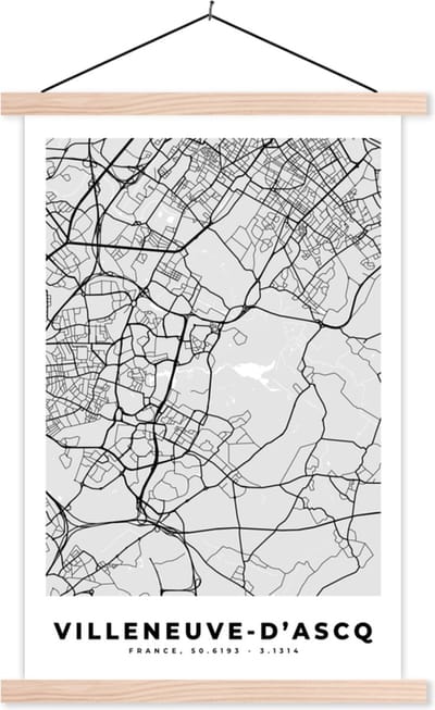 Posterhanger incl. Poster 40x60 cm - Schoolplaat - Plattegrond - Kaart - Stadskaart - Frankrijk - Villeneuve-d'Ascq - Textielposter - Blanke latten - Stadskaart