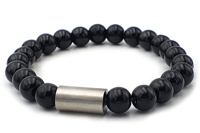Zwarte natuursteen armband met geborsteld stalen cylinder kraal - 18cm