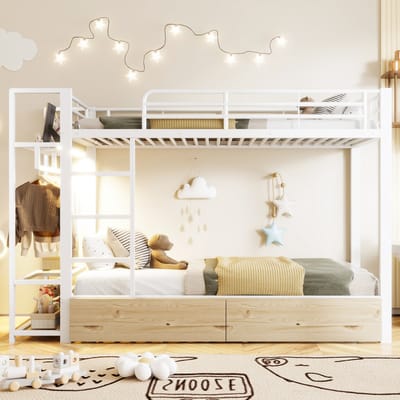 Stapelbed 90 x 200 cm - met 2 lades - opbergruimte - met LED-verlichting - met kledingstang - zonder matras - wit