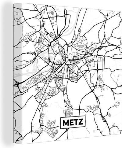 Canvas Schilderij Frankrijk - Metz - Kaart - Plattegrond - Stadskaart - Zwart wit - 20x20 cm - Wanddecoratie