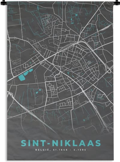 Wandkleed - Wanddoek - België – Sint Niklaas – Stadskaart – Kaart – Blauw – Plattegrond - 120x180 cm - Wandtapijt
