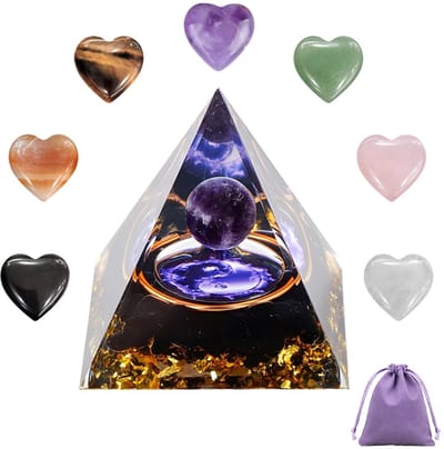 Allecto - 9 Pieces Moonstone Crystal Pyramid - Reiki Energiestenen - Set met Hartjes - Natuurlijk en Uniek - Meditatie en Yoga - Perfecte Liefdesg