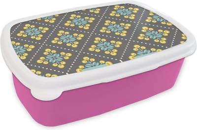 Broodtrommel Roze - Lunchbox Design - Ruit - Bloemen - Grijs - Brooddoos 18x12x6 cm - Brood lunch box - Broodtrommels voor kinderen en volwassenen