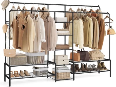 Furnstar Kledingrek - Open kledingkast - Kapstok met 9 planken - Metalen frame - Kledingstang voor slaapkamer /woonkamer/ entree - Zwart