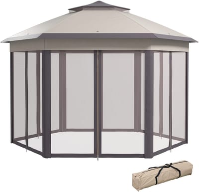 Killogood Tuinhuis 4x4m Waterdicht Pop-up zeshoekig opvouwbaar tuinhuis - dubbel dak - tuinhuis met 6 zijpanelen - partytent incl. draagtas - voor tuin - terras - festival - koffie+beige