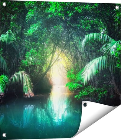 Gards Tuinposter Tropische Jungle met een Turquoise Meer - 60x60 cm - Tuindoek - Tuindecoratie - Wanddecoratie buiten - Tuinschilderij