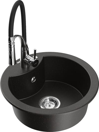 Mexen Diego granieten spoelbak 1-kompaarts met keukenmengkraan Aster, zwart/gouden metallic - 6512-75-73450-70