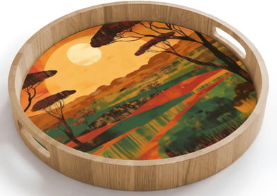 Dienblad rond 40x40 cm - Schootdienblad hout - Landschap - Afrikaans - Zon - Borrelplank rechthoek - Plateau houten dienbladen