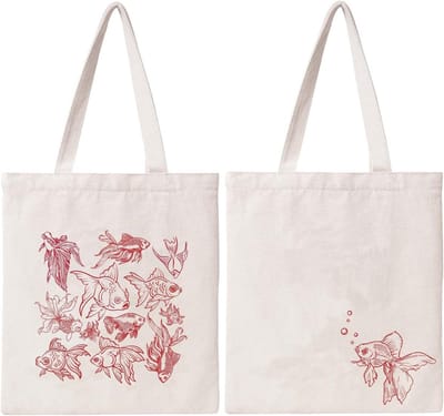 Canvas Tas - Draagtas Vrouwen - Dagelijkse Benodigdheden - Vintage Vis Print - 39 x 34 cm - Natuurlijk