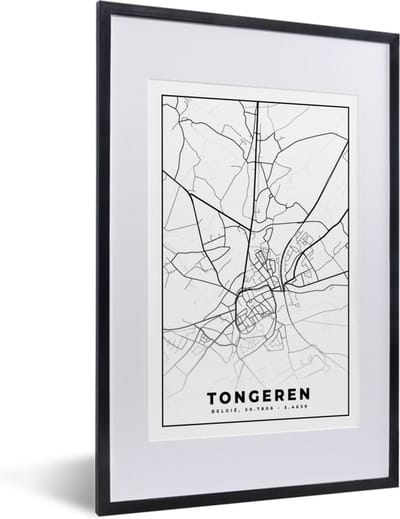 Fotolijst incl. Poster Zwart Wit- Plattegrond – Tongeren – Zwart Wit – Stadskaart - Kaart - België - 40x60 cm - Posterlijst