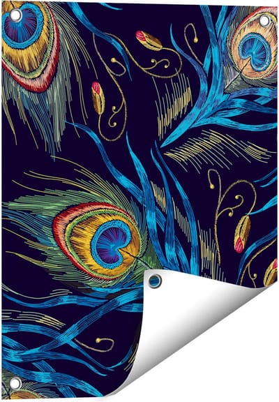Gards Tuinposter Getekende Pauw Veren Achtergrond - 40x50 cm - Tuindoek - Tuindecoratie - Wanddecoratie buiten - Tuinschilderij