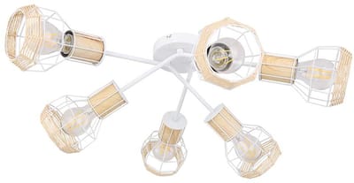 Plafondlamp spot 6 vlammen kooi kappen plafondlamp wit raffia, metaal, naturel, 6x E27 fitting, DxH 70x24 cm