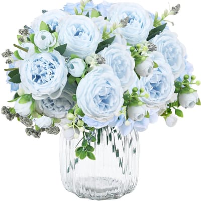 Zijden bloemen, kunstbloemen, bruiloftsboeket, geschikt voor bruiloften, decoraties voor thuis, tafel, bloemstukken en kantoren (blauw)