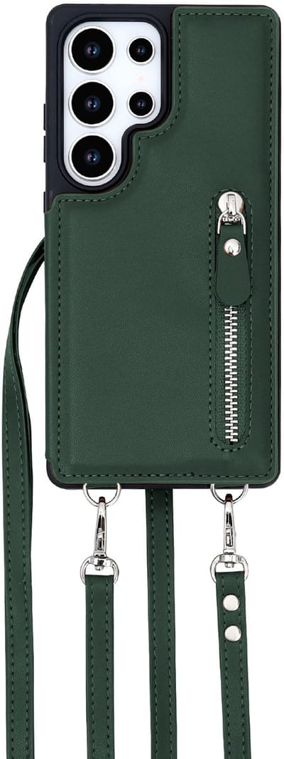 Casemania Hoesje Geschikt voor Samsung Galaxy S25 Ultra - Groen - Luxe Back Cover met Koord & Rits - Wallet Case met Pasjeshouder - Lanyard Telefoonhoes - Cord Case