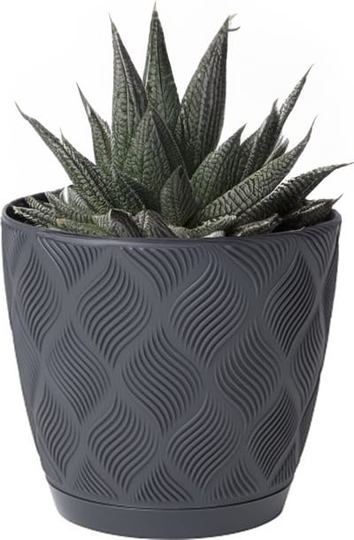 Form Plastic Plantenpot/bloempot New Age - kunststof - antraciet - D13 x H12 cm - met opvang schotel - rond