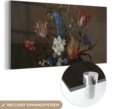 MuchoWow® Glasschilderij 40x20 cm - Schilderij acrylglas - Bloemen in een Wan-Li vaas en schelpen - Schilderij van Balthasar van der Ast - Foto op glas - Schilderijen
