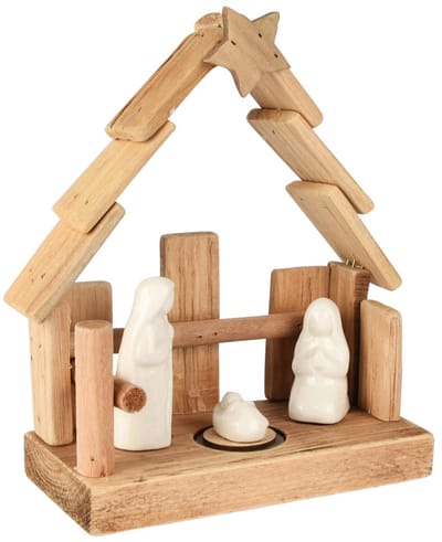 Dekoratief | Kerststal m/figuren, naturel/wit, hout/porselein, LED, 19x8x20cm | A255613