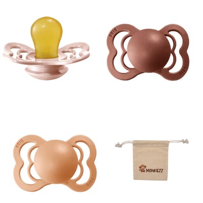 BIBS Supreme Fopspenen - Maat 1 0-6 maanden - Latex – Blush - Peach – Woodchuck + Monkiezz speenzakje