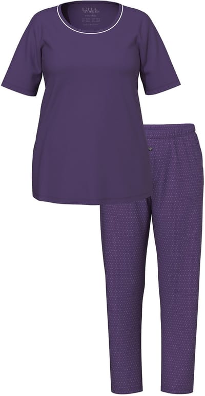 Ulla Popken - Dames - Pyjama tweedelig stippen korte mouw - Aubergine - Maat 46+