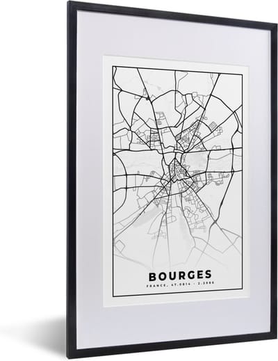 Fotolijst incl. Poster Zwart Wit- Stadskaart - Plattegrond - Bourges - Kaart - Frankrijk - Zwart wit - 40x60 cm - Posterlijst