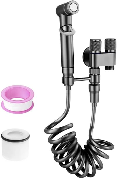 Allecto - Handdouche voor bidet - Douchekop met dubbele uitgang - 360° draaibare houder - Zwarte afwerking - Geschikt voor badkamer - Inclusief 1.4...
