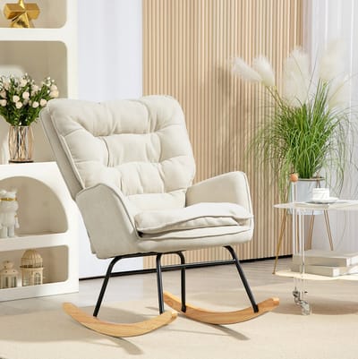 Schommelstoel - Fauteuil Met Armleuningen En Chenilleoptiek - Zacht Gepolsterd Voor Woonkamer En Slaapkamer - Hout En Stof - Beige