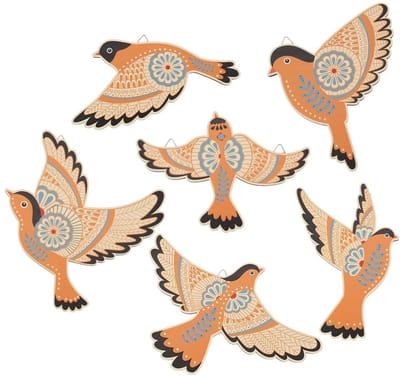 Dailygoods- Vogel Muurkunst Set van 6 - Houten Wanddecoratie - Natuurlijke Wandsculpturen - Rustieke Vliegende Vogels - Eenvoudige Installatie - Afmetingen 14-20 cm