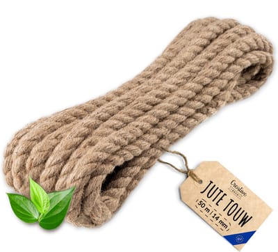 Creatief Deco Jute Touw | 50m Lengte | 14mm Dikte | Sterk en Duurzaam Jute Touw | Gedraaid Natuurvezeltouw | Bruin Decoratief Touw | Voor Toepassingen: Balustrades, tuin- en thuisprojecten