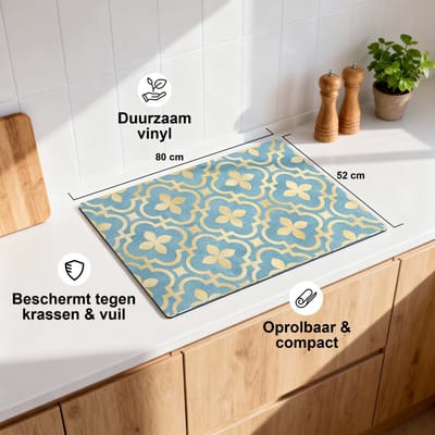 KitchenArt - Deep Azure Blossom - Inductie Beschermer - 90x50 cm - Kookplaat Beschermer - Luxe Afdekplaat Inductieplaat - Anti-slip & Oprolbaar - Beschermmat Inductiekookplaat