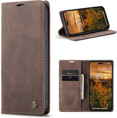 Geschikt Voor iPhone 14 Pro Max hoesje Caseme retro bookcase - Koffie