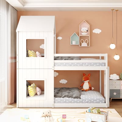 KOMHTOM Stapelbed Kajuitbed 90x200 cm kinderbed voor meisjes en jongens met ladder baldakijn vloer tot plafond wit