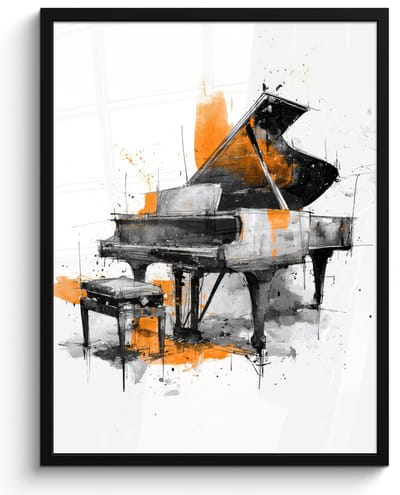 Poster in lijst - Fotolijst 60x80 cm - Posters - Piano - Oranje - Zwart - schets lijnen - Posterlijst zwart - Decoratie - Wanddecoratie woonkamer - Muurdecoratie slaapkamer
