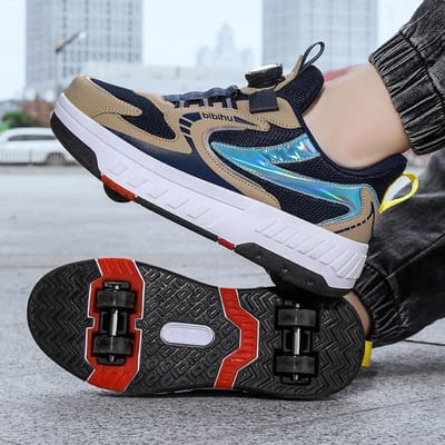 Chaussures manuelles à quatre roues, Version étudiante 6-15 ans, Patins à roulettes pour la marche et le patinage, Chaussures à roues d'été en maille respirante 42